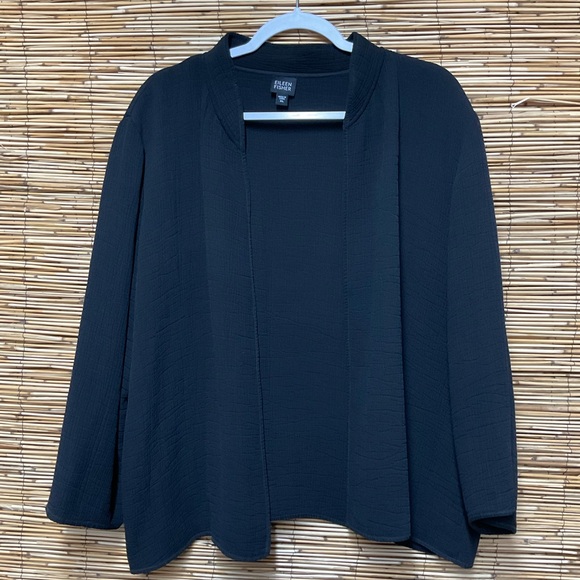 Eileen Fisher Black Rayon-Silk Textured Open Front Cardigan Size XL Minimalist - Picture 2 of 7